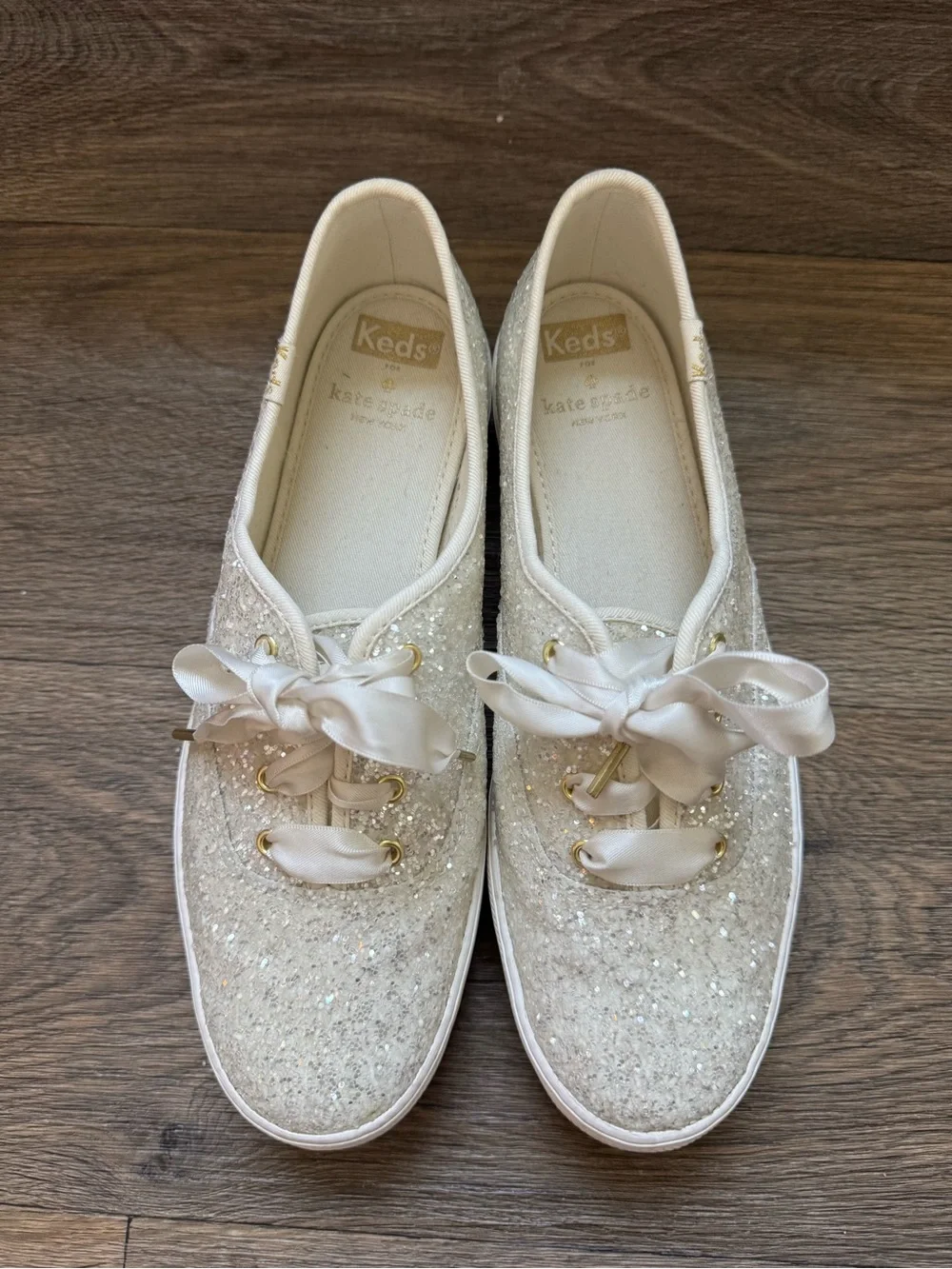 kate spade x Keds Champion Glitter Ribbon Sneakers Ivory Gold Bridal Sparkles 8